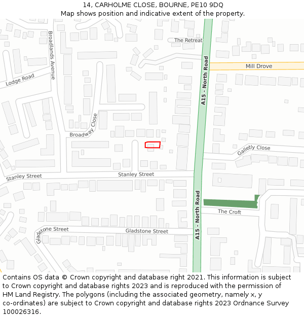 14, CARHOLME CLOSE, BOURNE, PE10 9DQ: Location map and indicative extent of plot