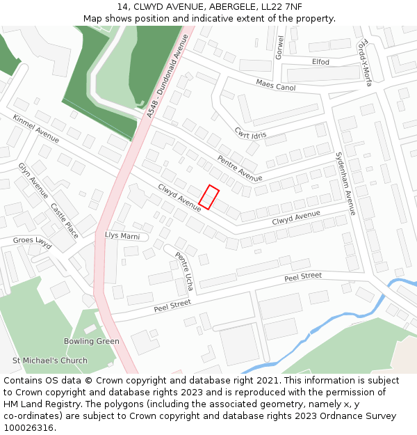 14, CLWYD AVENUE, ABERGELE, LL22 7NF: Location map and indicative extent of plot