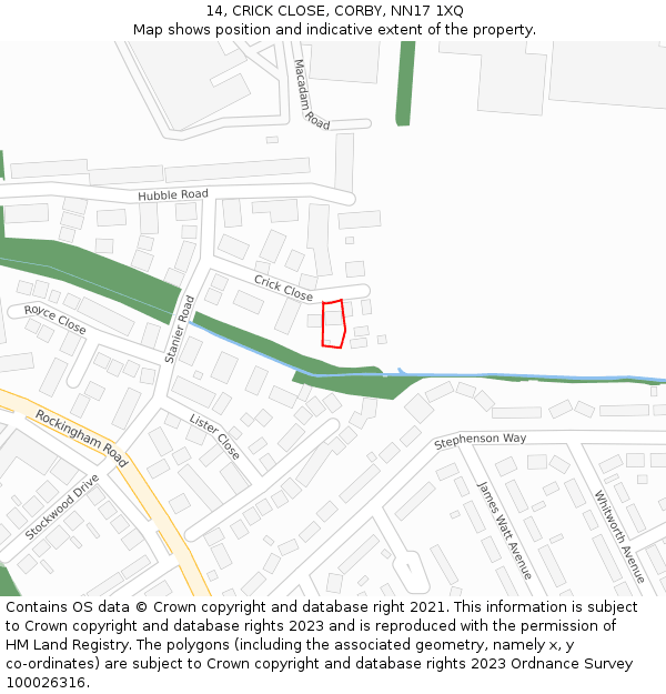 14, CRICK CLOSE, CORBY, NN17 1XQ: Location map and indicative extent of plot