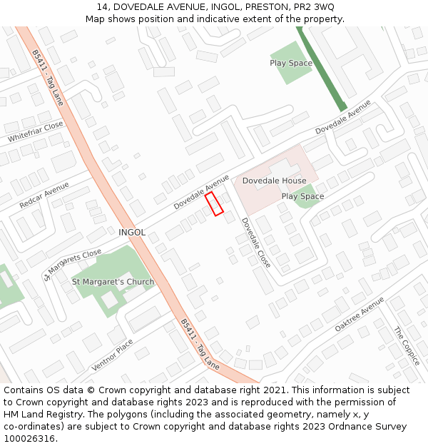 14, DOVEDALE AVENUE, INGOL, PRESTON, PR2 3WQ: Location map and indicative extent of plot
