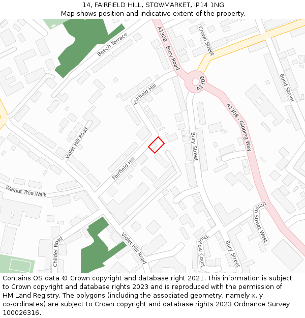 14, FAIRFIELD HILL, STOWMARKET, IP14 1NG: Location map and indicative extent of plot