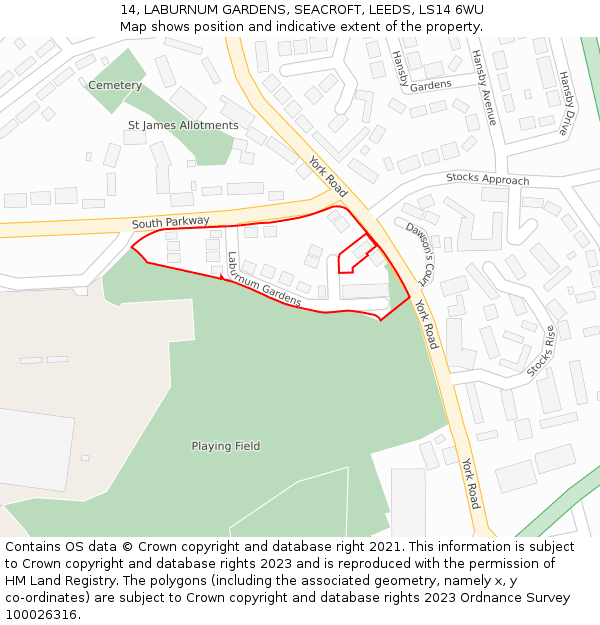 14, LABURNUM GARDENS, SEACROFT, LEEDS, LS14 6WU: Location map and indicative extent of plot