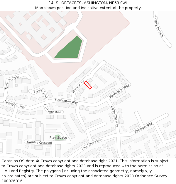 14, SHOREACRES, ASHINGTON, NE63 9WL: Location map and indicative extent of plot