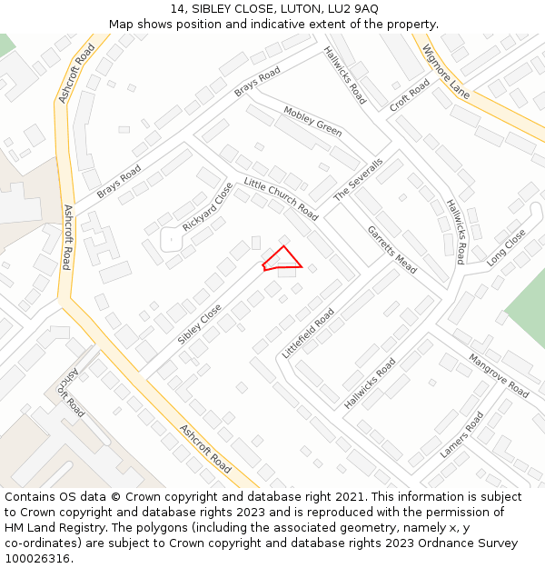 14, SIBLEY CLOSE, LUTON, LU2 9AQ: Location map and indicative extent of plot