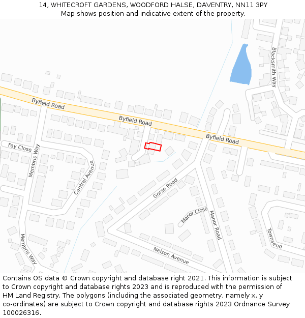 14, WHITECROFT GARDENS, WOODFORD HALSE, DAVENTRY, NN11 3PY: Location map and indicative extent of plot