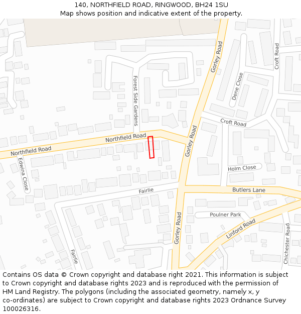 140, NORTHFIELD ROAD, RINGWOOD, BH24 1SU: Location map and indicative extent of plot