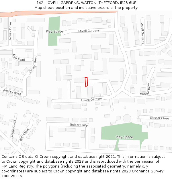 142, LOVELL GARDENS, WATTON, THETFORD, IP25 6UE: Location map and indicative extent of plot