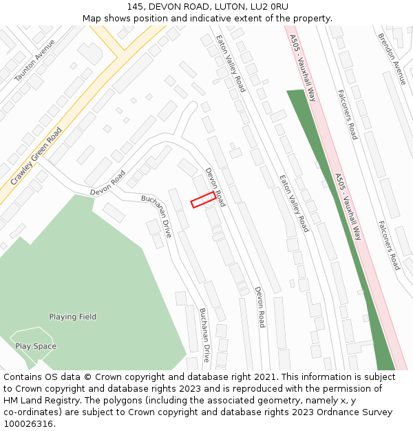 145, DEVON ROAD, LUTON, LU2 0RU: Location map and indicative extent of plot