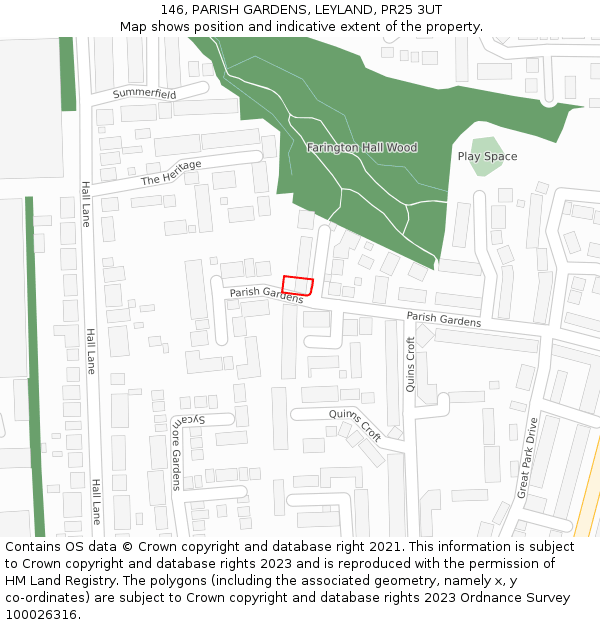 146, PARISH GARDENS, LEYLAND, PR25 3UT: Location map and indicative extent of plot