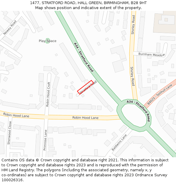 1477, STRATFORD ROAD, HALL GREEN, BIRMINGHAM, B28 9HT: Location map and indicative extent of plot