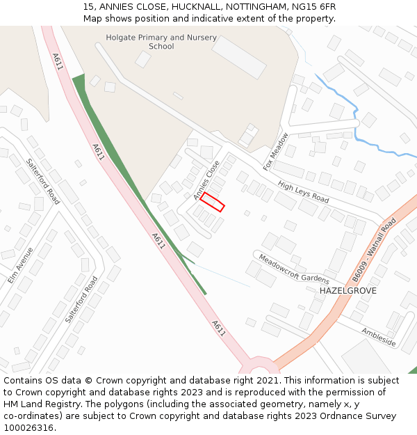 15, ANNIES CLOSE, HUCKNALL, NOTTINGHAM, NG15 6FR: Location map and indicative extent of plot