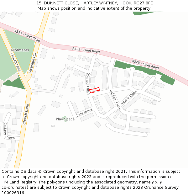 15, DUNNETT CLOSE, HARTLEY WINTNEY, HOOK, RG27 8FE: Location map and indicative extent of plot