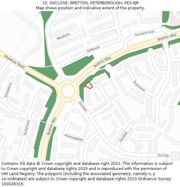15, OXCLOSE, BRETTON, PETERBOROUGH, PE3 8JR: Location map and indicative extent of plot