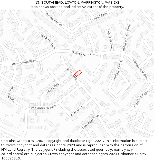 15, SOUTHMEAD, LOWTON, WARRINGTON, WA3 2XE: Location map and indicative extent of plot