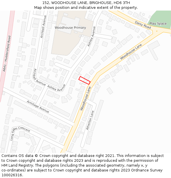 152, WOODHOUSE LANE, BRIGHOUSE, HD6 3TH: Location map and indicative extent of plot