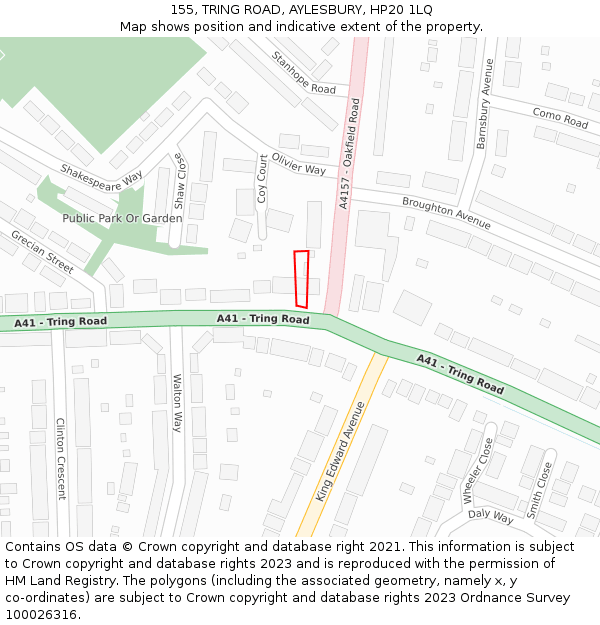 155, TRING ROAD, AYLESBURY, HP20 1LQ: Location map and indicative extent of plot
