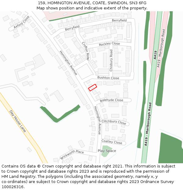 159, HOMINGTON AVENUE, COATE, SWINDON, SN3 6FG: Location map and indicative extent of plot