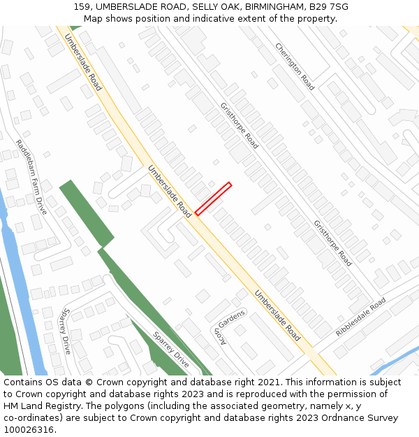 159, UMBERSLADE ROAD, SELLY OAK, BIRMINGHAM, B29 7SG: Location map and indicative extent of plot