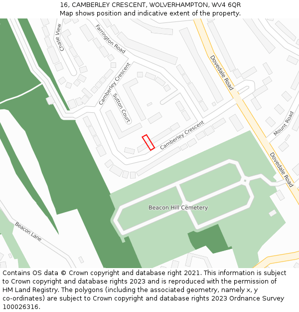 16, CAMBERLEY CRESCENT, WOLVERHAMPTON, WV4 6QR: Location map and indicative extent of plot