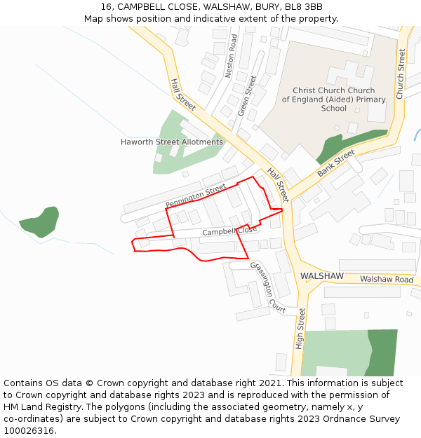16, CAMPBELL CLOSE, WALSHAW, BURY, BL8 3BB: Location map and indicative extent of plot