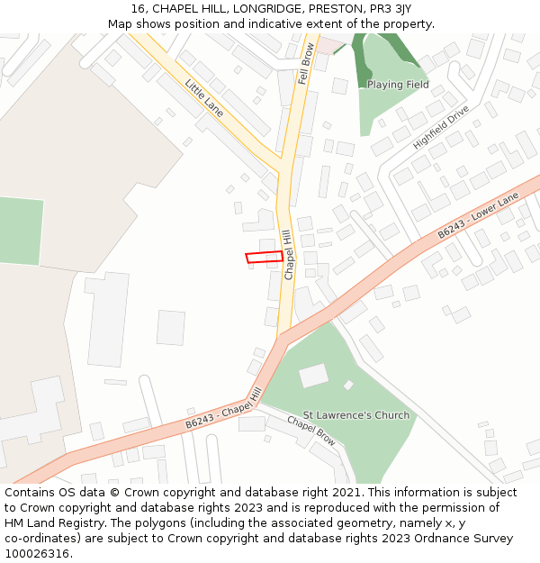 16, CHAPEL HILL, LONGRIDGE, PRESTON, PR3 3JY: Location map and indicative extent of plot