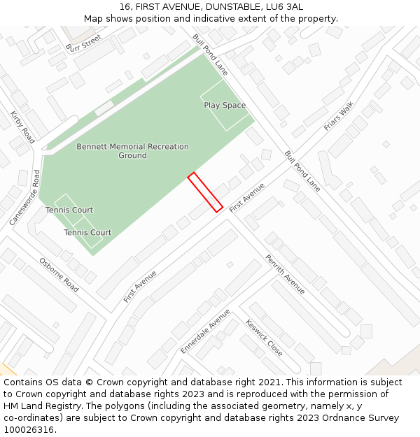 16, FIRST AVENUE, DUNSTABLE, LU6 3AL: Location map and indicative extent of plot