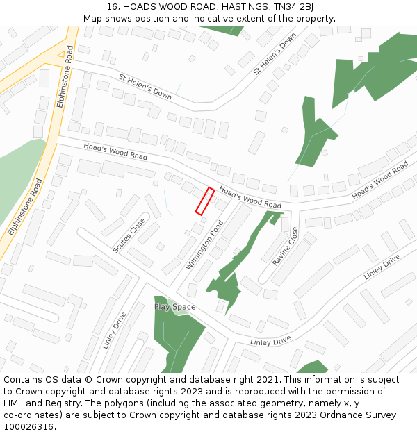 16, HOADS WOOD ROAD, HASTINGS, TN34 2BJ: Location map and indicative extent of plot