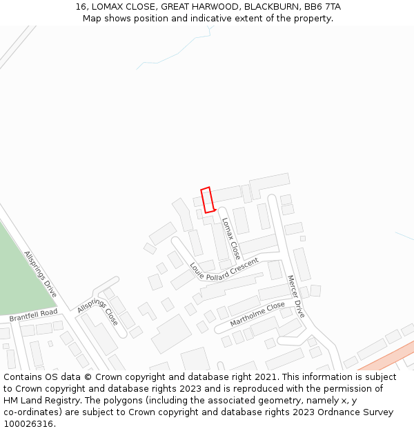 16, LOMAX CLOSE, GREAT HARWOOD, BLACKBURN, BB6 7TA: Location map and indicative extent of plot