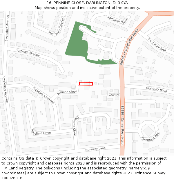 16, PENNINE CLOSE, DARLINGTON, DL3 9YA: Location map and indicative extent of plot