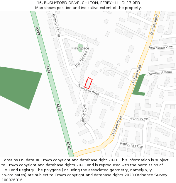 16, RUSHYFORD DRIVE, CHILTON, FERRYHILL, DL17 0EB: Location map and indicative extent of plot