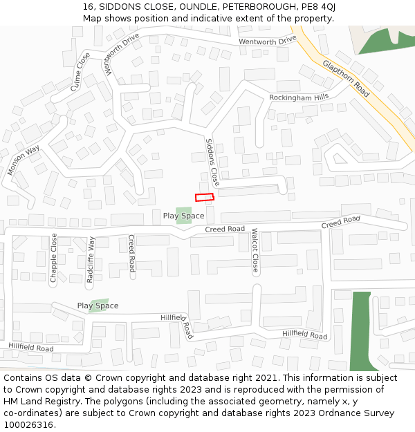 16, SIDDONS CLOSE, OUNDLE, PETERBOROUGH, PE8 4QJ: Location map and indicative extent of plot
