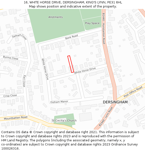 16, WHITE HORSE DRIVE, DERSINGHAM, KING'S LYNN, PE31 6HL: Location map and indicative extent of plot