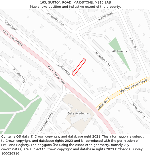 163, SUTTON ROAD, MAIDSTONE, ME15 9AB: Location map and indicative extent of plot
