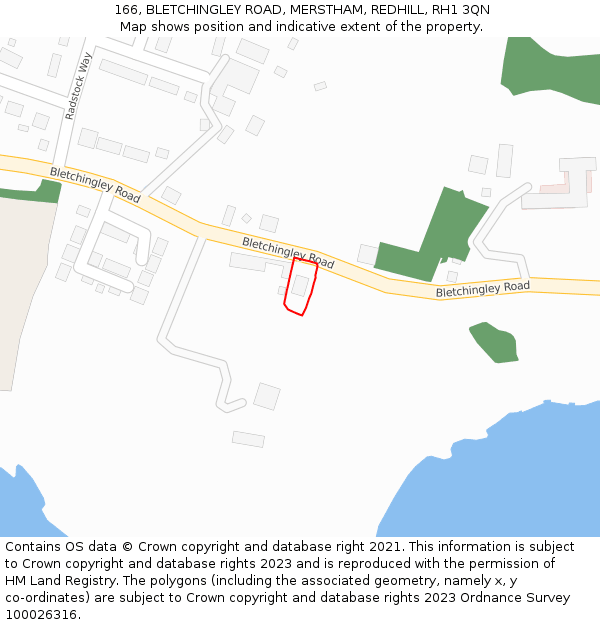 166, BLETCHINGLEY ROAD, MERSTHAM, REDHILL, RH1 3QN: Location map and indicative extent of plot
