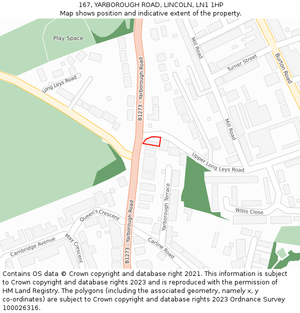 167, YARBOROUGH ROAD, LINCOLN, LN1 1HP: Location map and indicative extent of plot