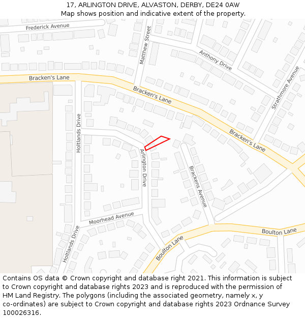 17, ARLINGTON DRIVE, ALVASTON, DERBY, DE24 0AW: Location map and indicative extent of plot