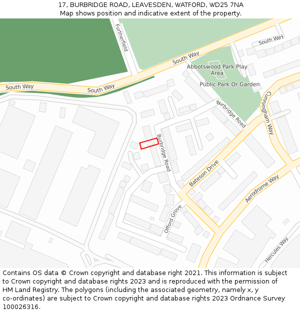 17, BURBRIDGE ROAD, LEAVESDEN, WATFORD, WD25 7NA: Location map and indicative extent of plot