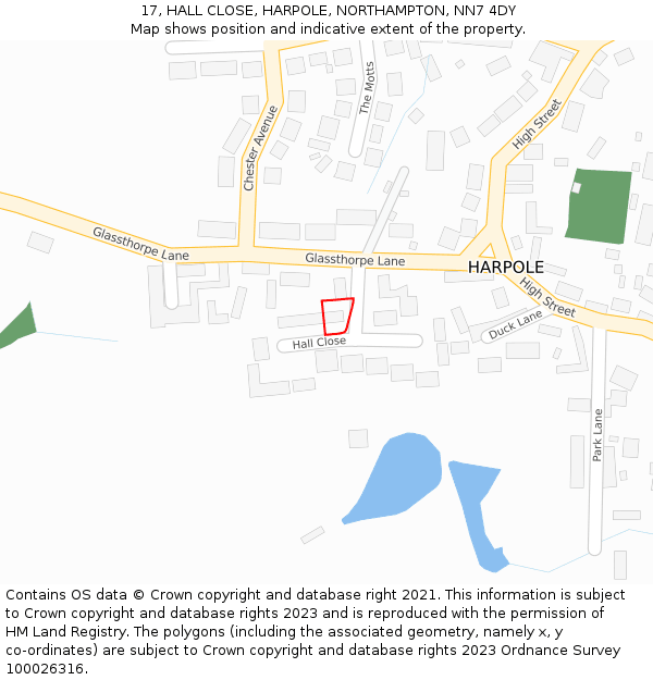 17, HALL CLOSE, HARPOLE, NORTHAMPTON, NN7 4DY: Location map and indicative extent of plot