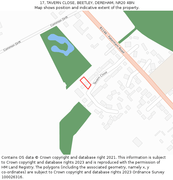 17, TAVERN CLOSE, BEETLEY, DEREHAM, NR20 4BN: Location map and indicative extent of plot
