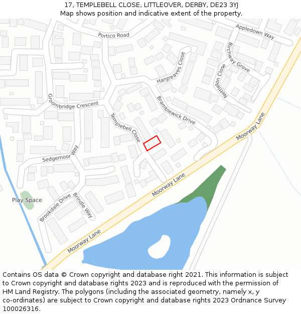 17, TEMPLEBELL CLOSE, LITTLEOVER, DERBY, DE23 3YJ: Location map and indicative extent of plot