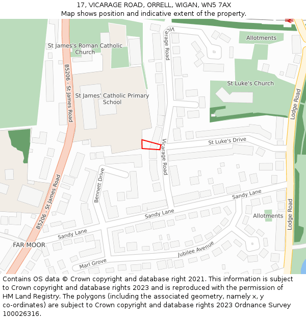 17, VICARAGE ROAD, ORRELL, WIGAN, WN5 7AX: Location map and indicative extent of plot