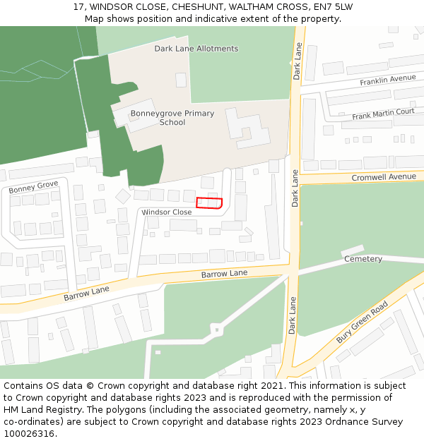 17, WINDSOR CLOSE, CHESHUNT, WALTHAM CROSS, EN7 5LW: Location map and indicative extent of plot