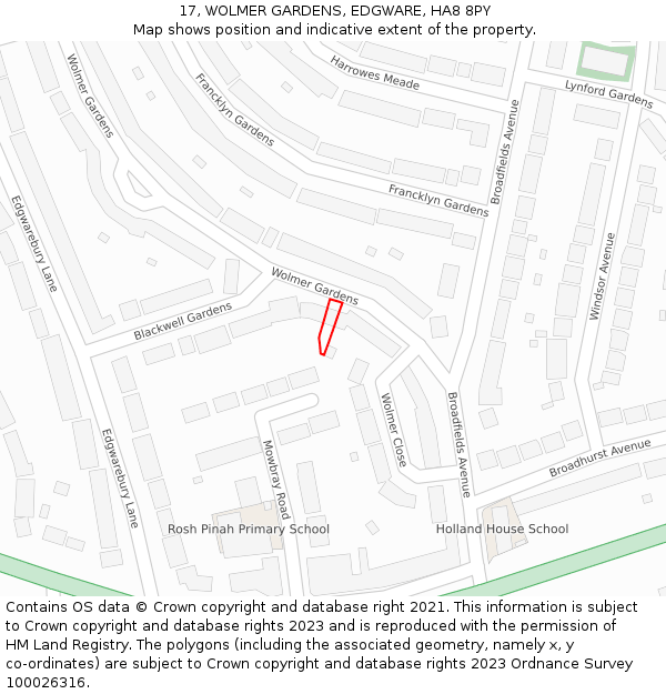 17, WOLMER GARDENS, EDGWARE, HA8 8PY: Location map and indicative extent of plot