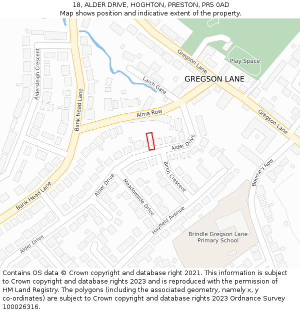 18, ALDER DRIVE, HOGHTON, PRESTON, PR5 0AD: Location map and indicative extent of plot