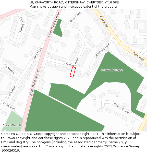 18, CHAWORTH ROAD, OTTERSHAW, CHERTSEY, KT16 0PE: Location map and indicative extent of plot