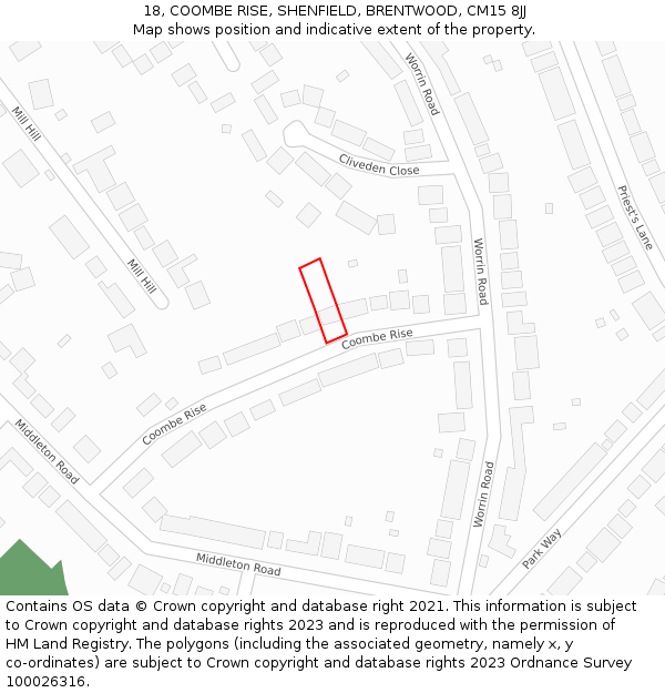 18, COOMBE RISE, SHENFIELD, BRENTWOOD, CM15 8JJ: Location map and indicative extent of plot