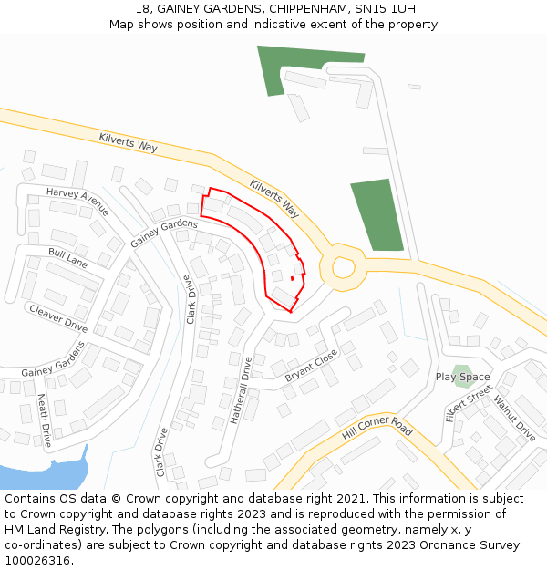 18, GAINEY GARDENS, CHIPPENHAM, SN15 1UH: Location map and indicative extent of plot