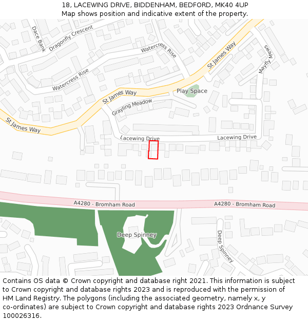 18, LACEWING DRIVE, BIDDENHAM, BEDFORD, MK40 4UP: Location map and indicative extent of plot