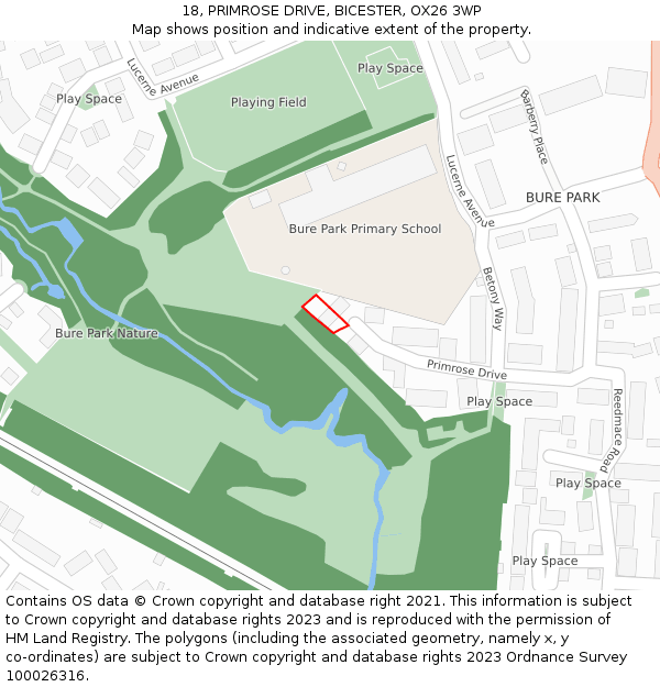 18, PRIMROSE DRIVE, BICESTER, OX26 3WP: Location map and indicative extent of plot