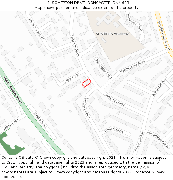 18, SOMERTON DRIVE, DONCASTER, DN4 6EB: Location map and indicative extent of plot